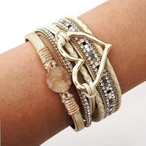 Leather Wrap Bracelet Heart Shape Pendant Wide Cuff Bracelet Chunky Layered  New